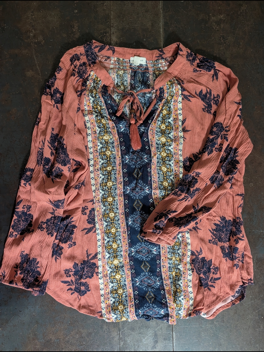 Mason & Belle Coral Peasant Blouse with Navy Floral and Tassel Tie